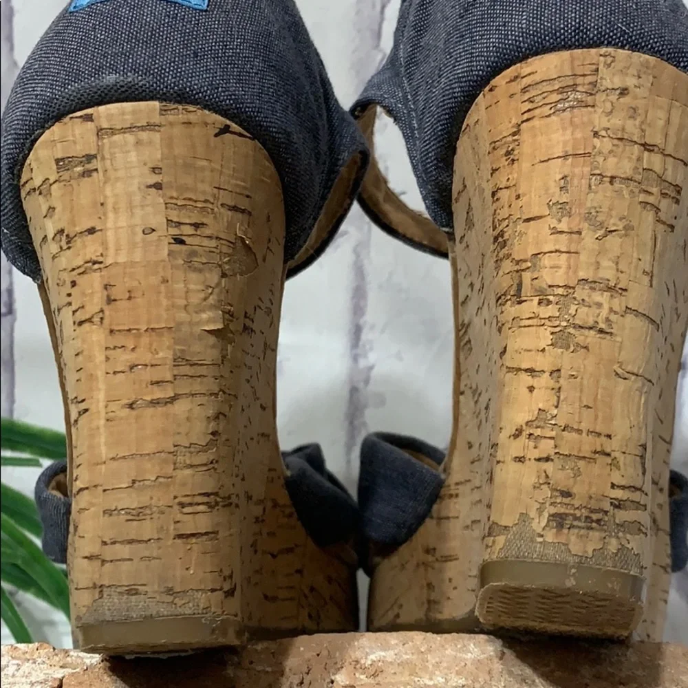 Toms Wedges Sienna Chambray Denim Ankle Strap Cork Sandals